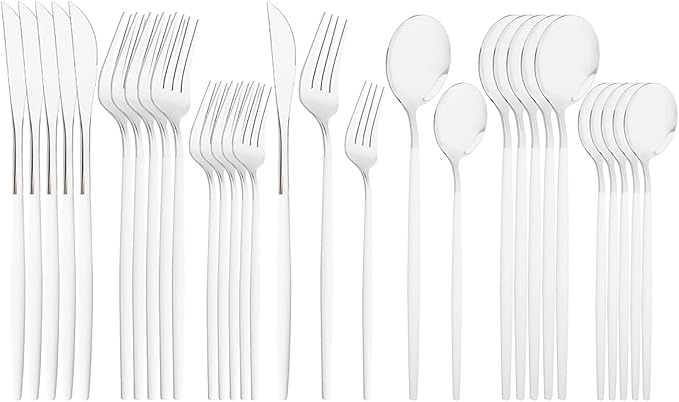 30-Piece Snplowum Mirror Flatware Serving Set, 18/0 Stainless Steel Dinnerware With White Handle, Modern Durable Home Kitchen Eating Tableware Set Service For 6 (White Silver)