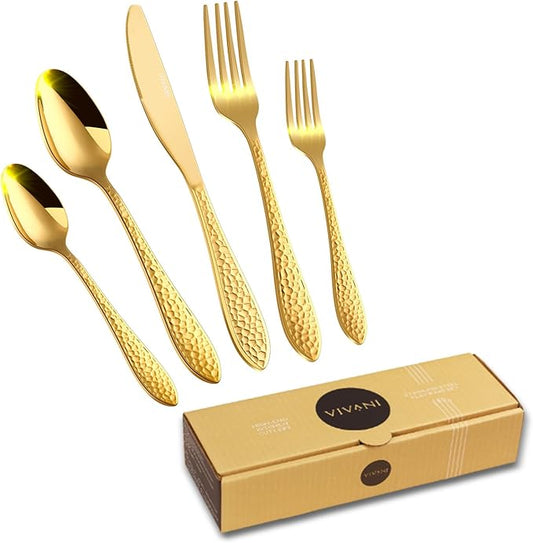 VIVANI 40-Piece Gold Silverware Set, Hammered Flatware Set for 8, Food-Grade 18/0 Stainless Steel Utensils Cutlery Set for Home, Restaurant, Wedding, Cafes, Dishwasher Safe