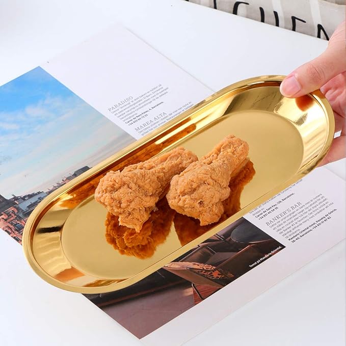 Buyer star Gold 2PCS 9inch Stainless Steel Oval Tray Fruit Trays Storage Tray Dish Plate Cosmetics Jewelry Decorative Organizer