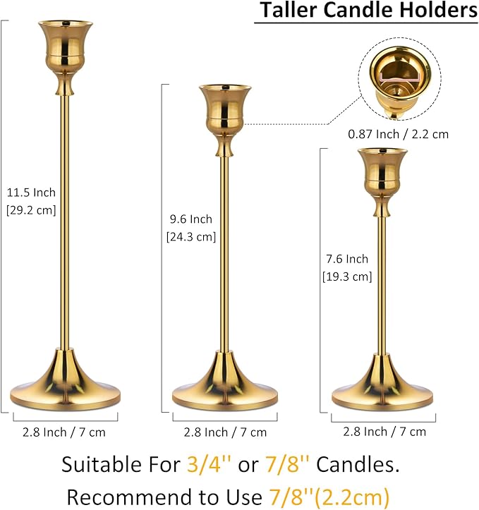 Metal Candle Holders for Candlesticks Taper Candlestick Holders Set Vintage Decorative Centerpiece Candelabra Tall Candle Stands (Gold, 1 Set (3 pcs))