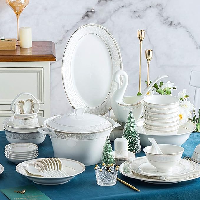 White Round Porcelain Dinnerware Set, Dishes/Plate/Bowl Set, Fine Bone China Dinnerware Sets Clearance, Collection Ceramic Kitchen And Dining Sets For Home,B 56 Pcs Servi-B 56 Pcs Service for 10