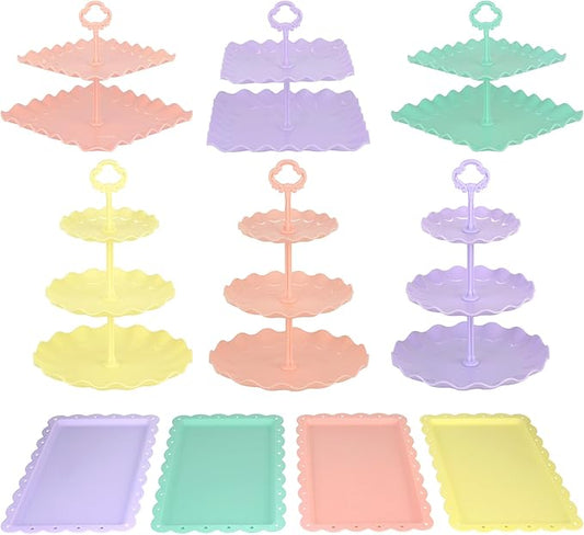 Pack of 10 NWK Cake Stand, Cupcake Stand, with 3X Two-Tier Cupcake Stands + 3X Three-Tier Cupcake Stands + 4 x Appetizer Trays Perfect for Birthday Baby Bridal Shower Party (Colorful)