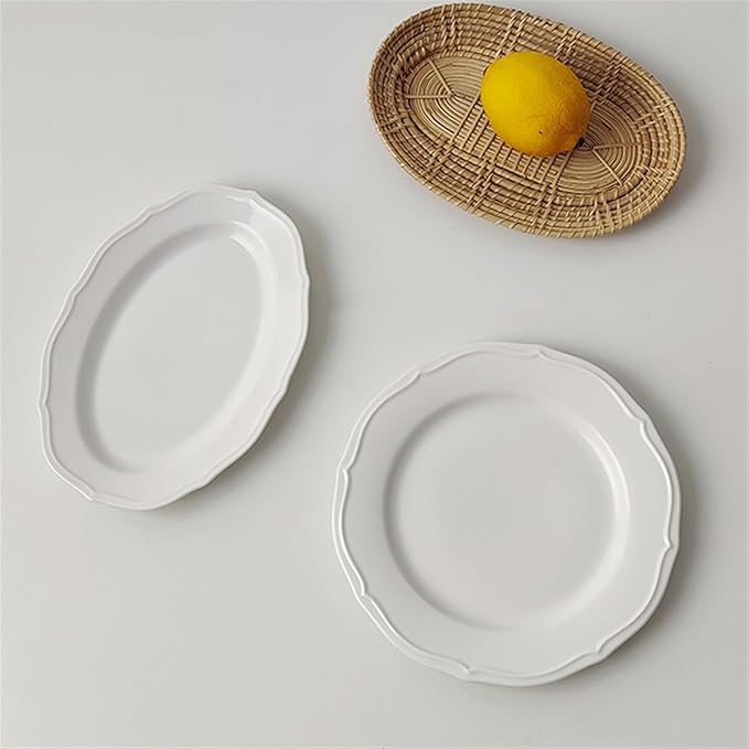 Dessert Plates Retro Lace Plate Simple Dinner Ceramic Salad Breakfast Dessert Home Restaurant Cafe Dinner Tableware(A,Large)