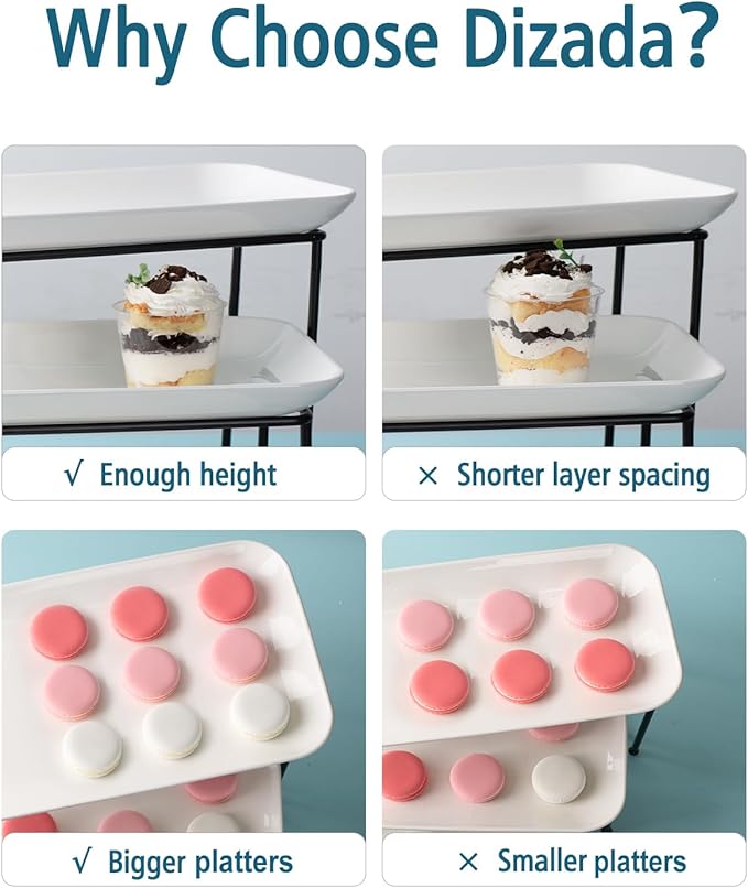 3 Tiered Serving Tray with White Porcelain Platters,Tiered Serving Stand Food Display Stand, Tiered Serving Trays & Platters, Rotatable Foldable Rectangular Plates for Dessert, Brithday Party & Events