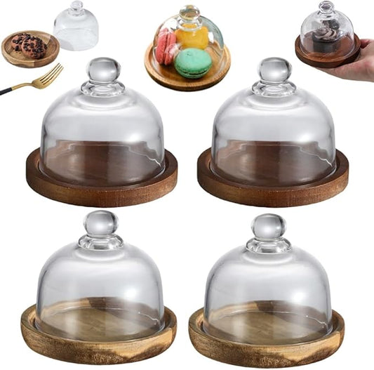 Charcuterie Snow Globes, Glass Cake Stand with Dome, Wood Cake Stands with Lid, Mini Clear Glass Display Candy Domes, Snow Globe Container for Cheese Snacks and Holiday Table Decor(Wood*2+Retro*2)