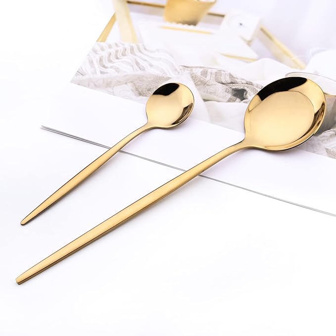 24-Piece Mirror Gold Polished Flatware, 18/0 Stainless Steel Dinnerware Set Include Knife Fork Spoon Teaspoon Cutlery Set For Home Restaurant and Party Service For 6, Dishwasher Safe