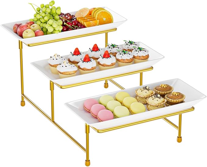 3 Tier Serving Tray for Party, 12"x6" Tiered Serving Platters with Steel Display Stand for Sevring Food,Cookies,Veggie, Dessert,Fruit, Gold