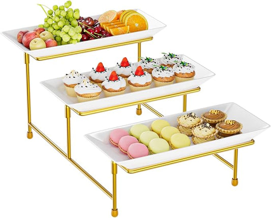 3 Tier Serving Tray for Party, 12"x6" Tiered Serving Platters with Steel Display Stand for Sevring Food,Cookies,Veggie, Dessert,Fruit, Gold