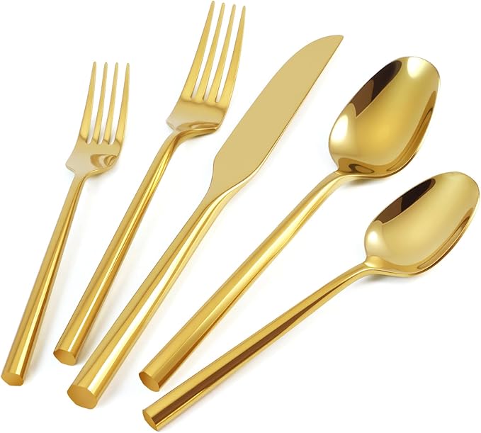 Gold Silverware Set 20-Piece Stainless Steel Mirror Polishing Golden Cutlery, Hand Forged Thick Hexagon Handle Flatware Sets, Wedding Housewarming Gift Service for 4