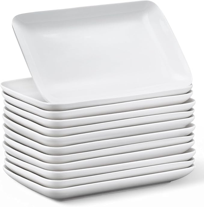 Irenare 12 Pcs 9 Inch Rectangular Salad Plates White Rectangular Porcelain Dessert Plates Appetizer Serving Tray Rectangular Porcelain Platters for Fruit Sushi Dinner Parties, Microwave, Oven Safe