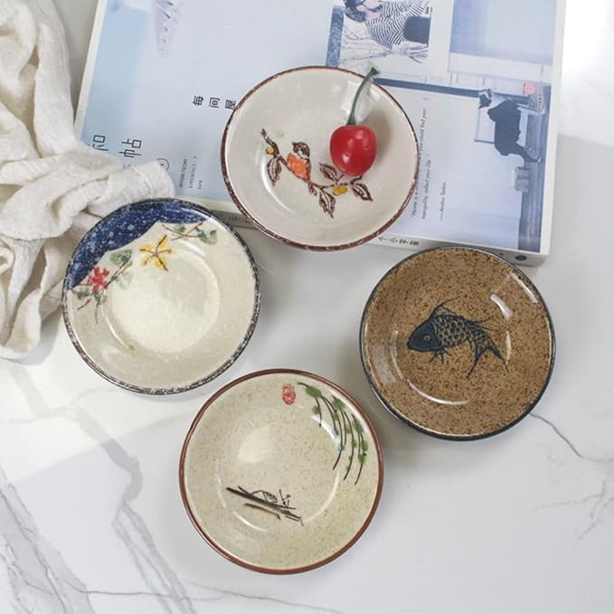 Japanese Retro Ceramic Side Dishes Set of 6, Ceramic Dip Bowls Appetizer Plates, 3.8 Inch Seasoning Dish for Ketchup, Sushi, Snack, Sauce, Dessert