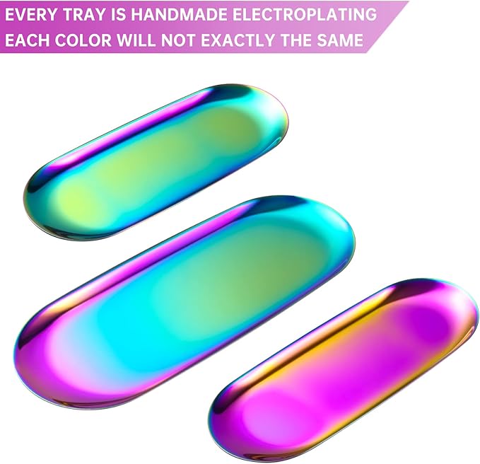 Oval Stainless Steel Tray Decor for Coffee Table Living Room,Bathroom Accessory Vanity Tray,Jewelry Dish Aesthetic,Perfume & Makeup Tray,Serving Platter,Display Tray.30cmX12cm.Colorful,2Piece.