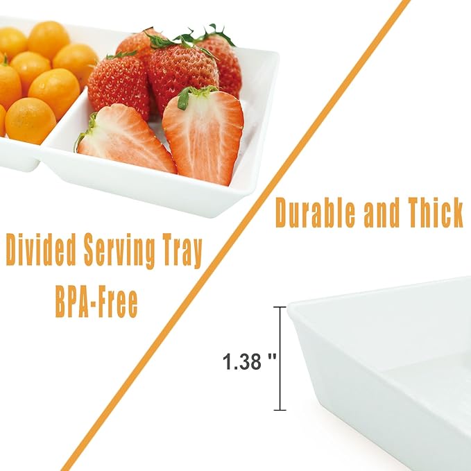 Divided Serving Tray Platter, 3 Pack 10" x 5" Fruit Veggie Food Tray for Party, Plastic Serving Trays for Appetizer, Snack, Dessert, Cookie, Brunch Decorations Platters, White Trays BPA-Free