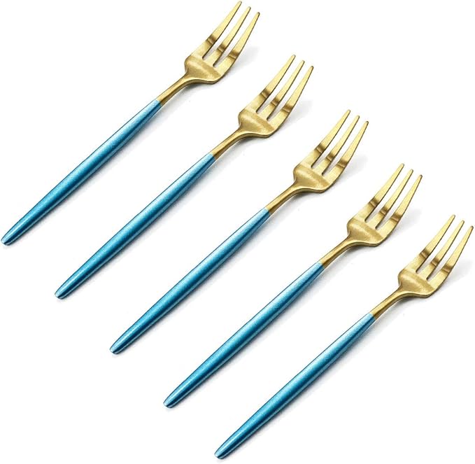 Gugrida Blue Gold Flatware Set, Royal 5 Pieces Matte Blue Handle 18/10 Stainless Steel Pie Fork Cake Fork Fruit Fork 5.31", Camping Cutlery Silverware Travel Utensils Set Tableware
