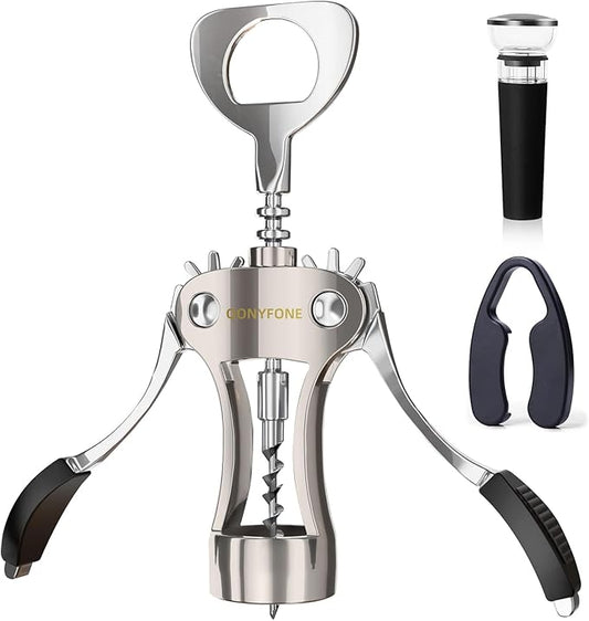 Wing Corkscrew Wine Opener, Premium Zinc Alloy Manual Bottle Opener, Heavy Duty Multifunctional Tool for Kitchen, Bar, Restaurant & Waiters (Matte Silver)