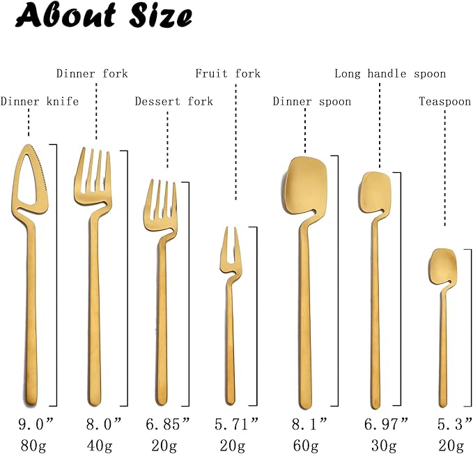 JASHII 28-Piece Silverware Set, 304 Stainless Steel Flatware Cutlery Set Service for 4, Metal Eating Utensil Set, Including Fruit Fork and Ice scoop, Hangable & Matte - Dishwasher Safe - Gold