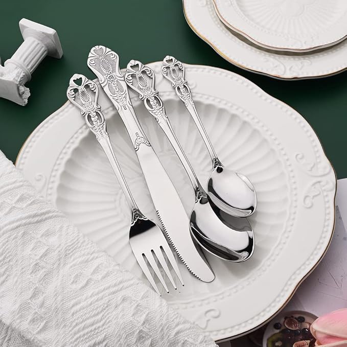 Silver Flatware Set For 4, 20 Pieces 18/0 Stainless Steel Silverware Set, Cutlery Utensils Set Include Knives/Forks/Spoons, Antique Baroque Style & Luxury Mirror Polished