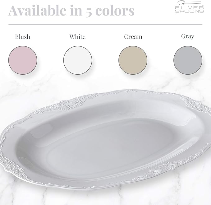 Vintage Embossed Serving Trays (3 PC) Disposable Platters for Party 12.5" x 9", Plastic Trays for Food, Snacks, Charcuterie, Desserts, Sweets, Perfect for Upscale Weddings, Buffets, and Events - Grey