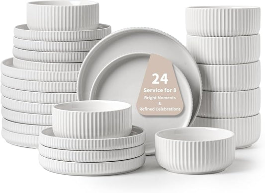 24 Piece White Ceramic Dinnerware Set,Elegant Dish Set for 8 – Plates and Bowls Sets for Hosting, Home Wellness & Clean Aesthetic Dining