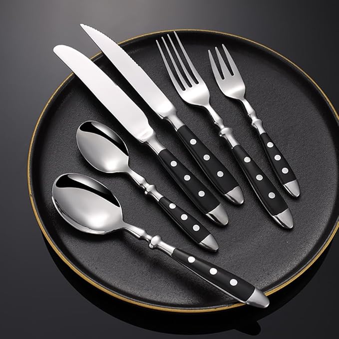 Rivet Handles Black Silverware Set Flatware Set for 14 Utensil Sets Forks Spoons And Knives Set Ergonomic Durable Polished Thanksgiving Christmas Essentials Family Gatherings Brand Packaging 84PCS