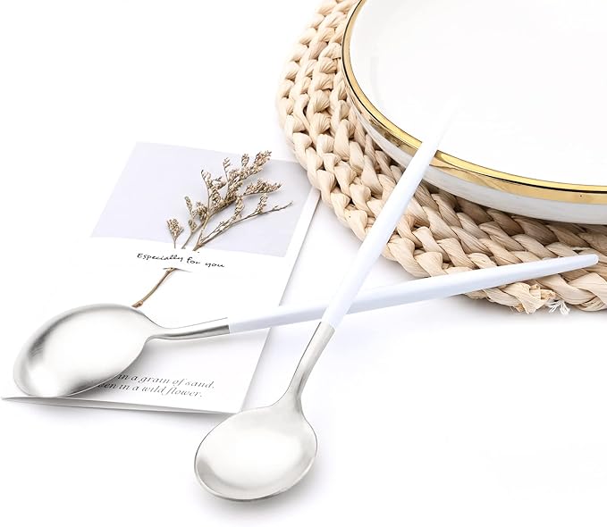 24-piece Snplowum Silver Satin Finished Serving Set, 18/10 Stainless Steel Flatware With White Round Hanle For Daily Use Salad Coffee Include Knife/Fork/Spoon, Service For 4 (White Silver)