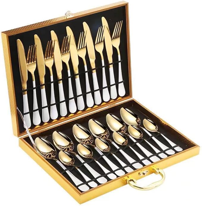 Gift Box 24pcs Set Cutlery Dinnerware 410 Stainless Steel Flatware Set Tableware Suit Dinner Spoon Fork Knife Flatware Serving Sets (Gold + White)