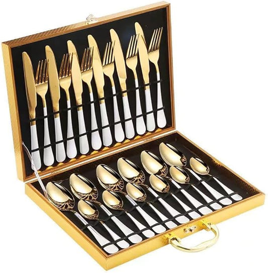 Gift Box 24pcs Set Cutlery Dinnerware 410 Stainless Steel Flatware Set Tableware Suit Dinner Spoon Fork Knife Flatware Serving Sets (Gold + White)