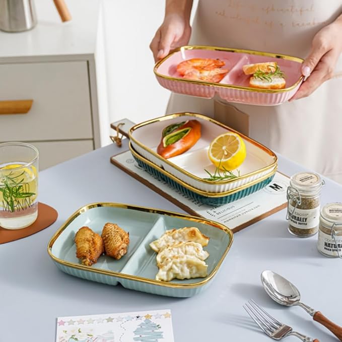 Porcelain Healthy Eating Plate, Ceramic 2 Compartment Divided Plates, Portion Control Plates for Adults Weight Loss, Length: 23.8cm/9.37 inch