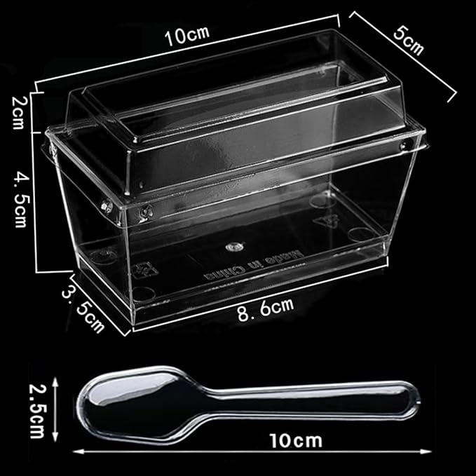 100 Set 140ml/4.8 oz Clear Dessert Cups with Lids and Spoons, Rectangular Dessert Cups, Mini Clear Appetiser Serving Bowls for Desserts, Mousse, Puddings