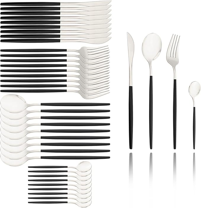 40 Pcs Silverware Set With Teaspoon For 10, Food Grade Stainless Steel Utensils Tableware Set, Elegant & Simple Flatware Serving Set Include Knife Fork Spoon, Mirror (Black Silver)