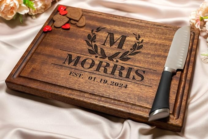 Personalized Chopping Block Custom Engraved Laurel Initial Design (#011) Wedding or Anniversary-Housewarming or Corporate Gift USA Handmade by Wedding Gift Boutique