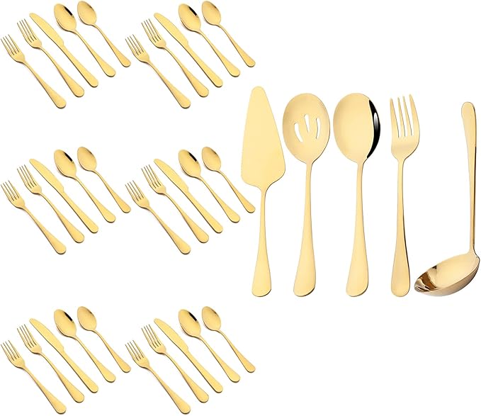 35-Piece Mirror Gold Flatware Set, 18/0 Stainless Steel Cutlery Set With Seriving Utensils For 6, Home Restaurant Silverware Set With Cake Knife, Colander, Soup Spoon, Dishwasher Safe