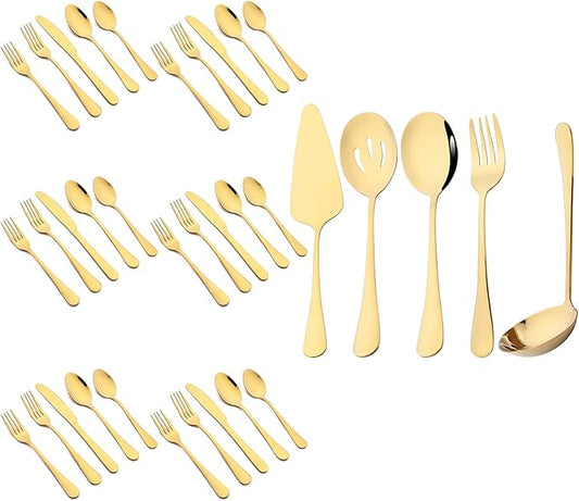 35-Piece Mirror Gold Flatware Set, 18/0 Stainless Steel Cutlery Set With Seriving Utensils For 6, Home Restaurant Silverware Set With Cake Knife, Colander, Soup Spoon, Dishwasher Safe