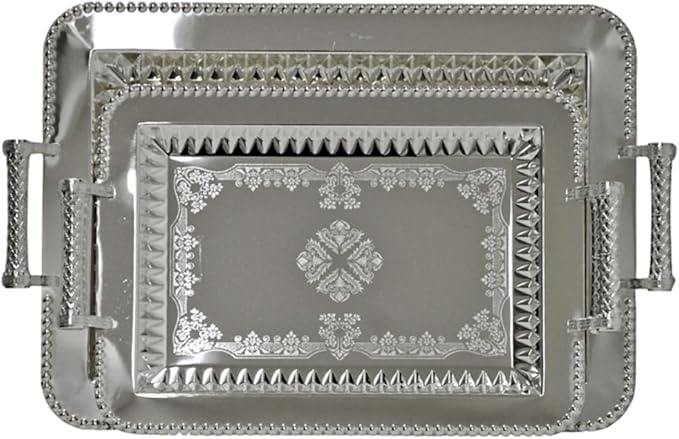Middle Eastern Iranian Persian Turkish Serving Tea Fruit Nuts Tray 2-Piece Set 17"+14" Rectangular Silver Plated Stainless Steel