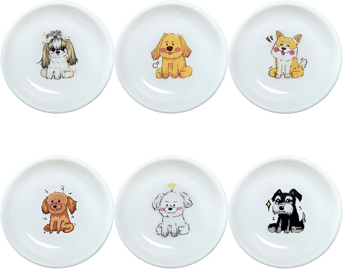 Funny Cartoon Cute Dogs Pattern Ceramic Sauce Dishes, Seasoning Dishes, Sushi Soy Dipping Bowls, Appetizer Plates, Dessert Plates, Little Cat Bird Feeding Bowls, Set of 6-Cute Dogs-3.5 Inch
