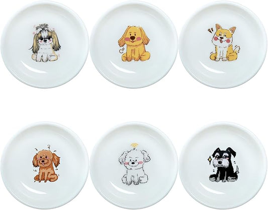 Funny Cartoon Cute Dogs Pattern Ceramic Sauce Dishes, Seasoning Dishes, Sushi Soy Dipping Bowls, Appetizer Plates, Dessert Plates, Little Cat Bird Feeding Bowls, Set of 6-Cute Dogs-3.5 Inch