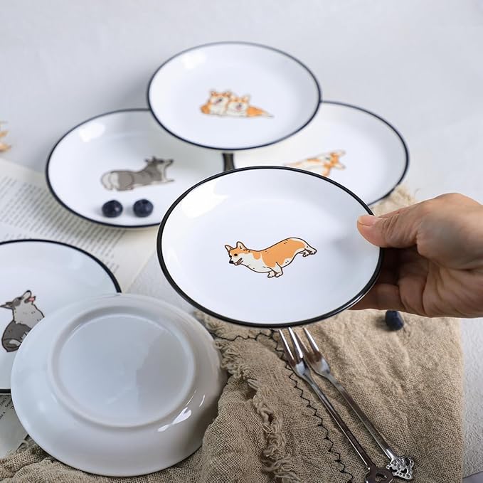 Cute Cartoon Animals Pattern Ceramic Sauce Dishes, Seasoning Dishes, Sushi Soy Dipping Bowls, Appetizer Plates, Dessert Plates, Little Cat Bird Feeding Bowls, Set of 6-Corgi-A-5 Inch