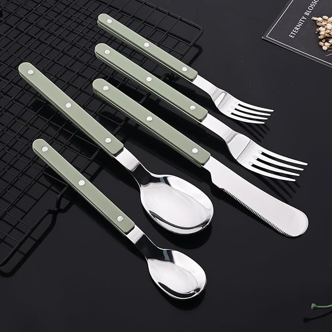JASHII Silverware Flatware Set 20 Pieces Stainless Steel With Rivet Retro Cutlery Set Knife Fork Spoon Set Service for 4 for Home Restaurant Wedding - Green Handle