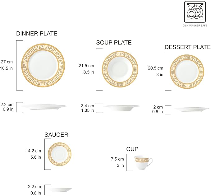 Euro Porcelain 20-pc Dinnerware Set w/ Gold Greek Key Pattern 24K Ornament, HQ Dining Service for 4