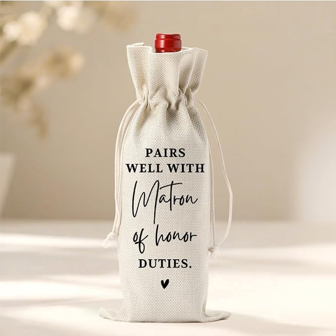 Matron of Honor Gifts, Engagement Wine Bag, Maid of Honor Proposal, Wedding Wine Bag, Bridal Shower Gift, Burlap Bottle Bags With Drawstring for Bridesmaid Wedding Dinner Bachelorette Party