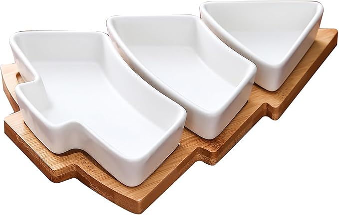 cjc Christmas Tree Serving Dishes Set with Bamboo Tray - 1 Sets of Porcelain Appetizer Plates for Holiday Parties