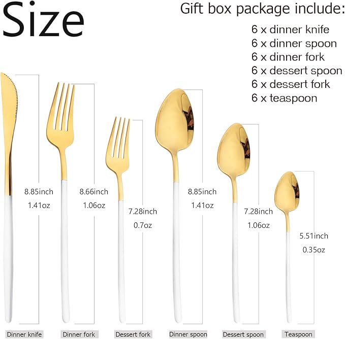 36pcs Silverware Set, 18/10 Stainless Steel Serving Flatware With Curved Handle For 6, Durable Eating Utensils For Home Entertaining, Mirror Polished (White Gold)