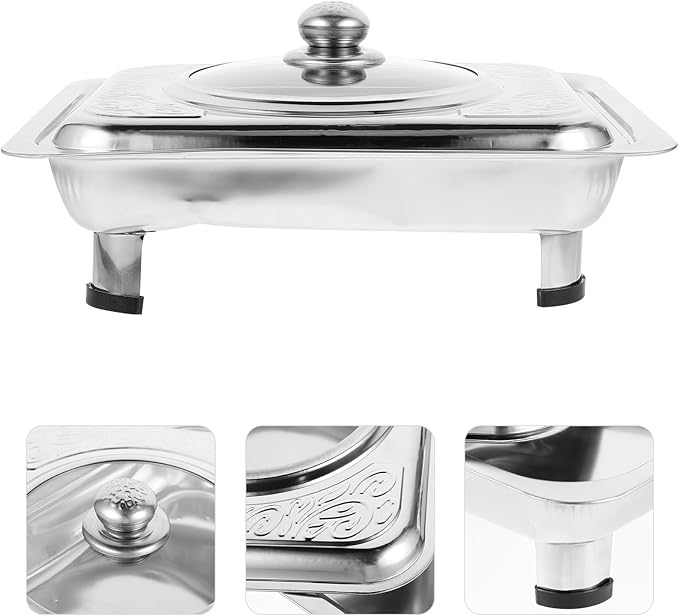 FRCOLOR Stainless Steel Rectangular Food Serving Tray with Lid Thickened Buffet Plate for Food Holding and Catering Suitable for Cafeteria and Buffet Use