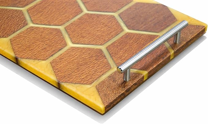 Acacia Wood Epoxt Resin Serving Tray with Silver Handal Gift for Housewarming Wedding Friends, Tea Lover Coffee Serving Tray