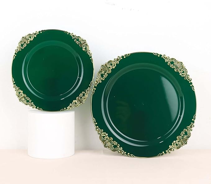 8" Salad Plates -Set of 10 - Plastic Hunter Green Round Baroque Disposable Chargers Leaf Embossed Rim, Ideal for Dinner Party Wedding Bulk Events
