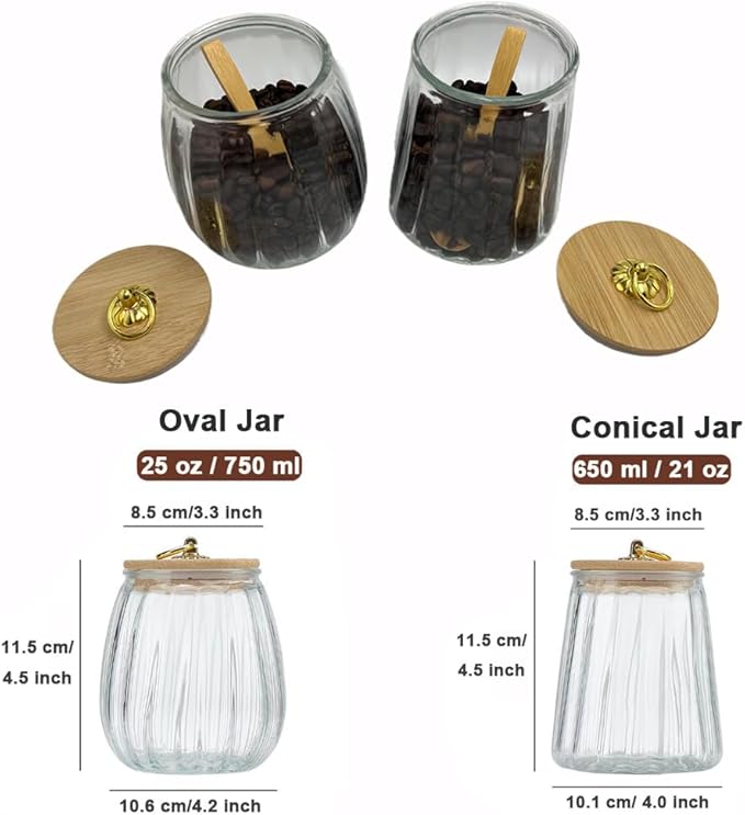 Glass Airtight Storage Jars with Spoons,Bamboo Lid Canister for Foods,Decorative Container with Metal Handle Easy to Grasp 2Pack Oval