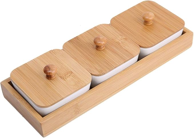 Rengue Ceramic Appetizer Serving Plate with Tray Cover, Tray Cover, 3-Compartment Design, White, 11.02x4.02x1.61 Inches, for Snacks and Desserts Ceramic Appetizer Serving Plate (Three compartments