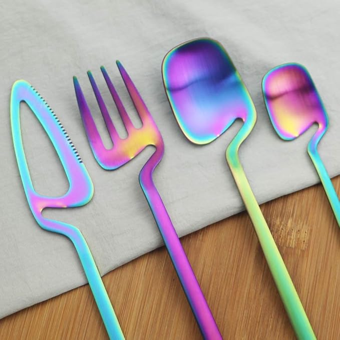 18/10 Stain Multicolor Flatware Serving Set Silverware Set 304 Stainless Steel Flatware Cutlery Set| 4-Piece Adaline Royal Modern Matte Finish|Christmas Birthday Wedding Gift (Rainbow)