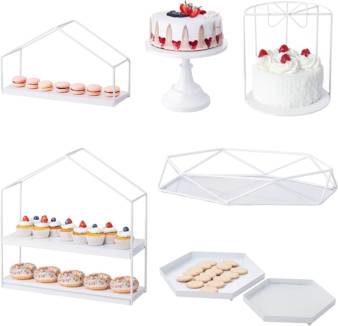 ROVSUN 7PCS Gold Cake Stand Set, Dessert Table Display Set, Metal Cupcake Stand, Cupcake Holder Fruit Candy Plate Serving Tower Tray Platter for Birthday Party Wedding Baby Shower Anniversary，White