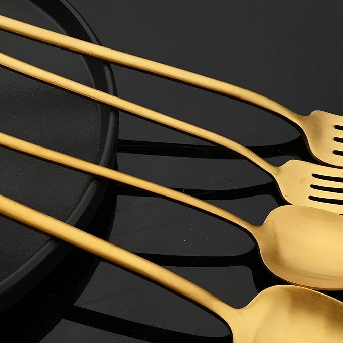 JASHII Modern Silverware Set - 20 Pieces Cutlery Set Matte Gold - Brushed 304 Stainless Steel Flatware Set - Narrow and Long Handle - for Home Dinner and Restaurant
